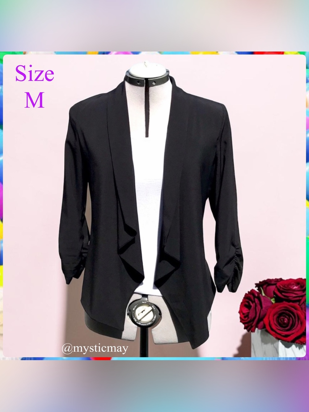 MINE Silky Jet Black Open Drape Ruched Sleeve Lightweight Jacket Size M or 8/10